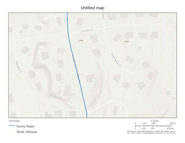 This section of Billings Road, in blue, lies behind the gates of the La Cantera neighborhood in Tarrant County despite being designated as a public road. How this happened is a mystery.